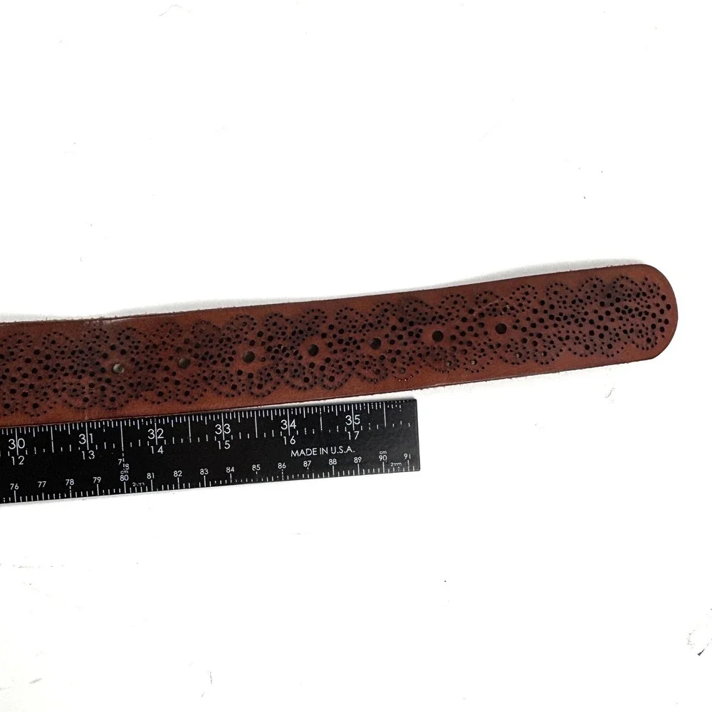 Leather Belt Womens M Brown Perforated Floral Boho Buckle Western Cottagecore